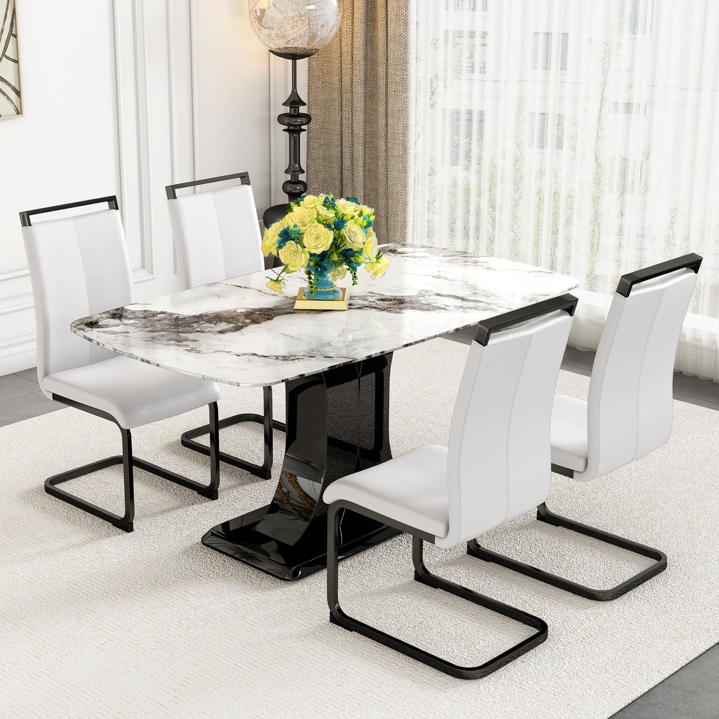 Melysen White Imitation Marble Tabletop, and Mdf Leg Dining Table. 4 Dining Chairs with White Pu Backrest Cushions and Black Metal Legs. Table Size 63"* 35.4" * 30"