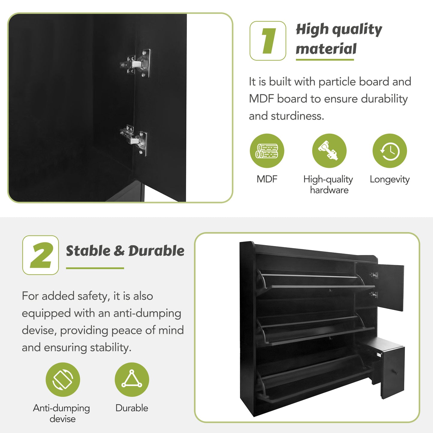 Melysen Versatile Shoe Cabinet with 3 Flip Drawers，Black