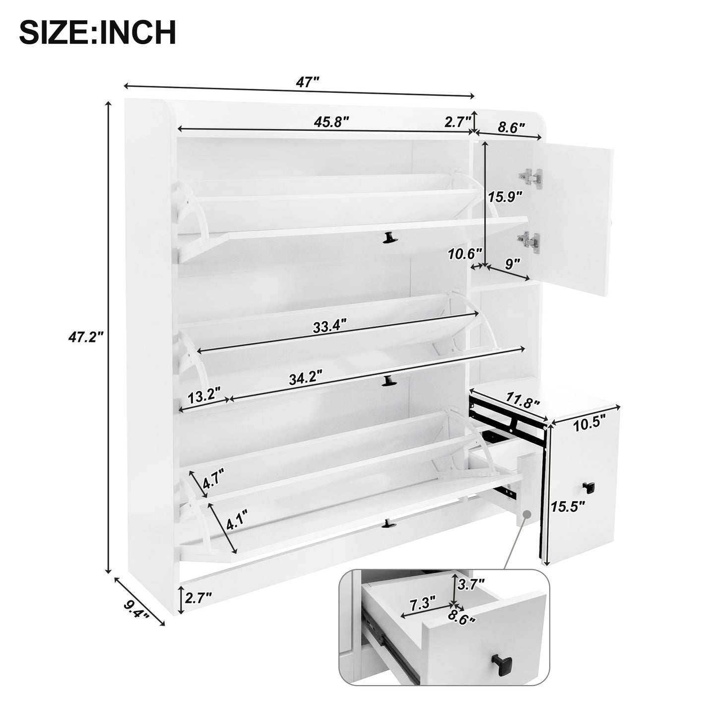 Melysen Versatile Shoe Cabinet with 3 Flip Drawers, Maximum Storage Entryway Organizer with Drawer, Free Standing Shoe Rack with Pull-down Seat for Hallway, White