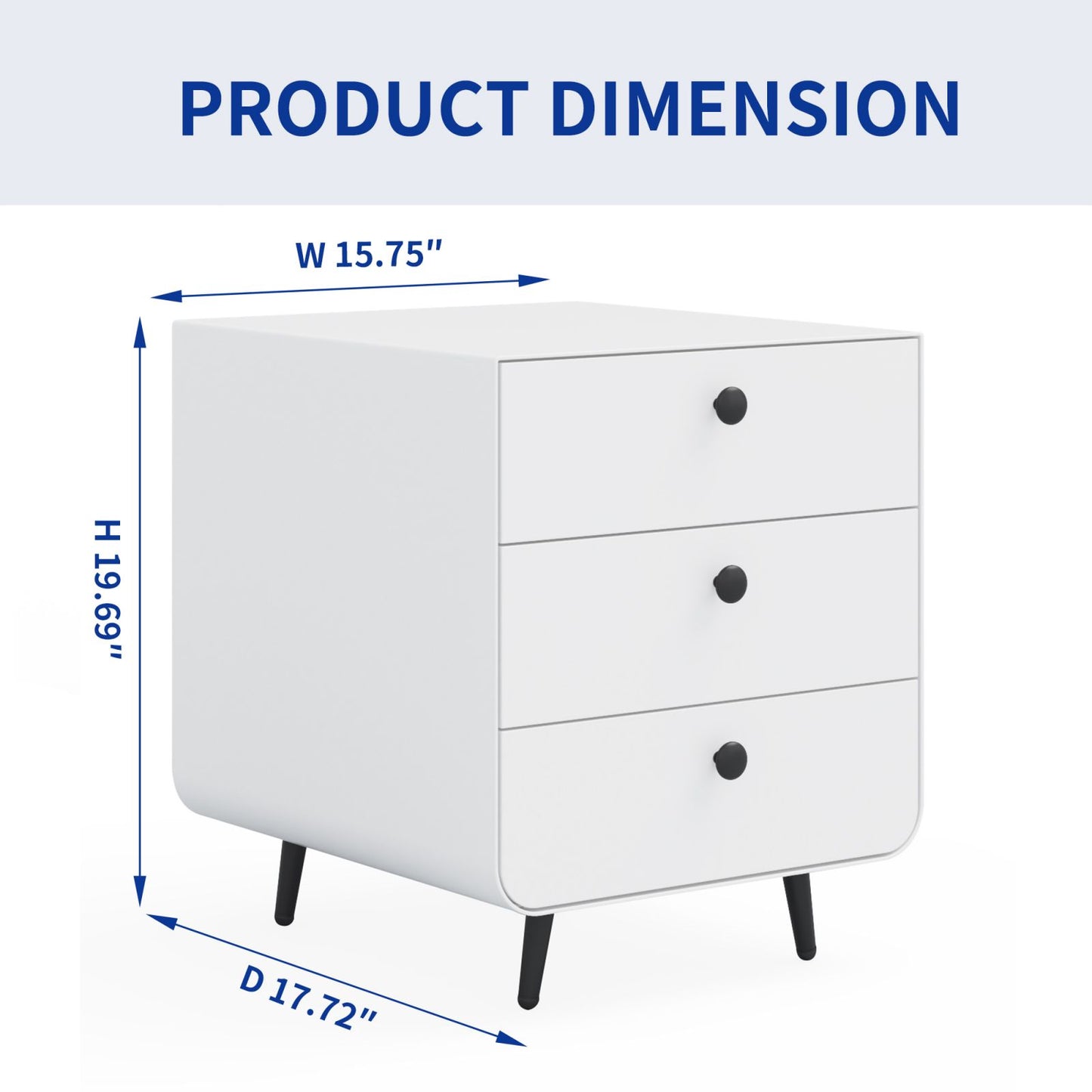 Melysen Modern Night Stand Storage Cabinet for Living Room Bedroom, Steel Cabinet with 3 Drawers,Bedside Furniture, Circular Handle,White