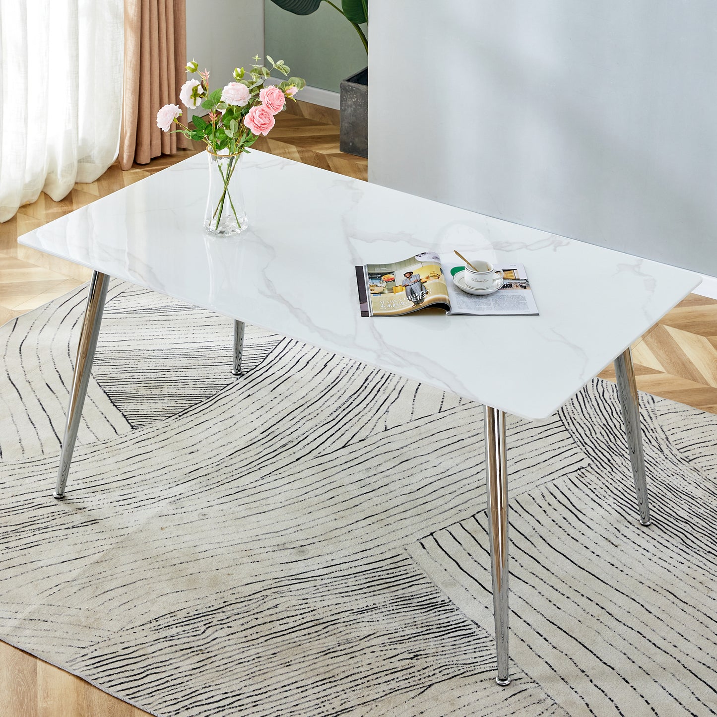 Melysen Modern Minimalist Rectangular Dining Table with 0.4 Inch White Imitation Marble Tabletop and Silver Metal Legs