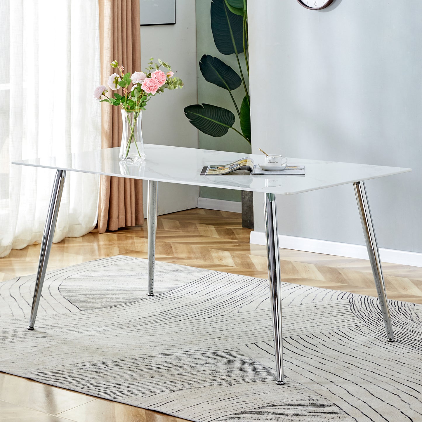 Melysen Modern Minimalist Rectangular Dining Table with 0.4 Inch White Imitation Marble Tabletop and Silver Metal Legs