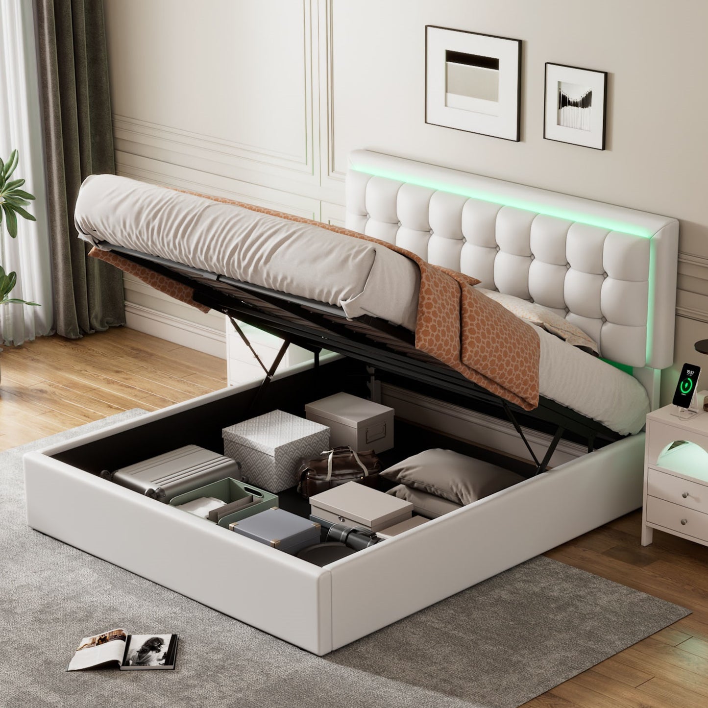 Melysen Queen Size Tufted Upholstered Platform Bed with Hydraulic Storage System,PU Storage Bed with LED Lights