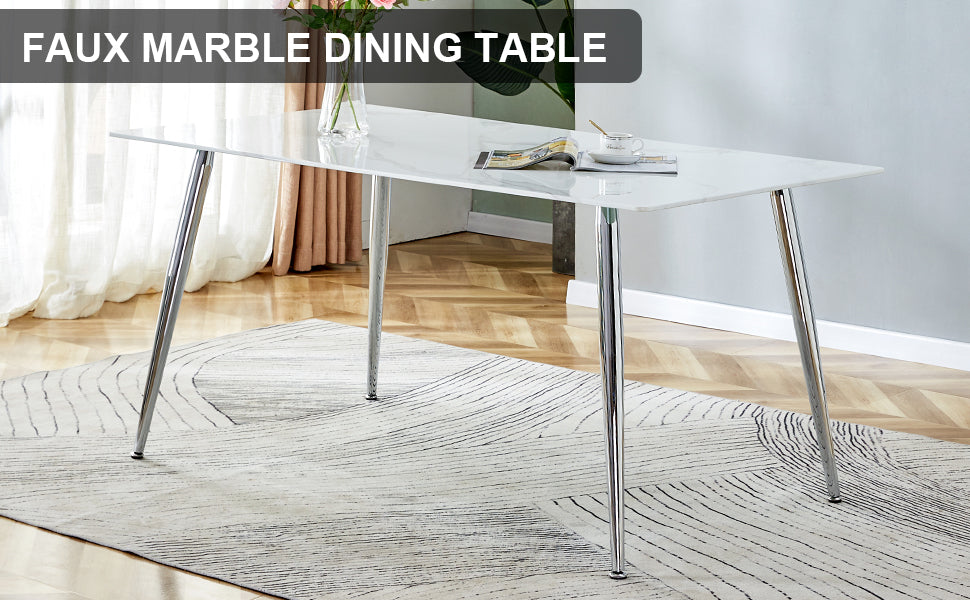 Melysen Modern Minimalist Rectangular Dining Table with 0.4 Inch White Imitation Marble Tabletop and Silver Metal Legs