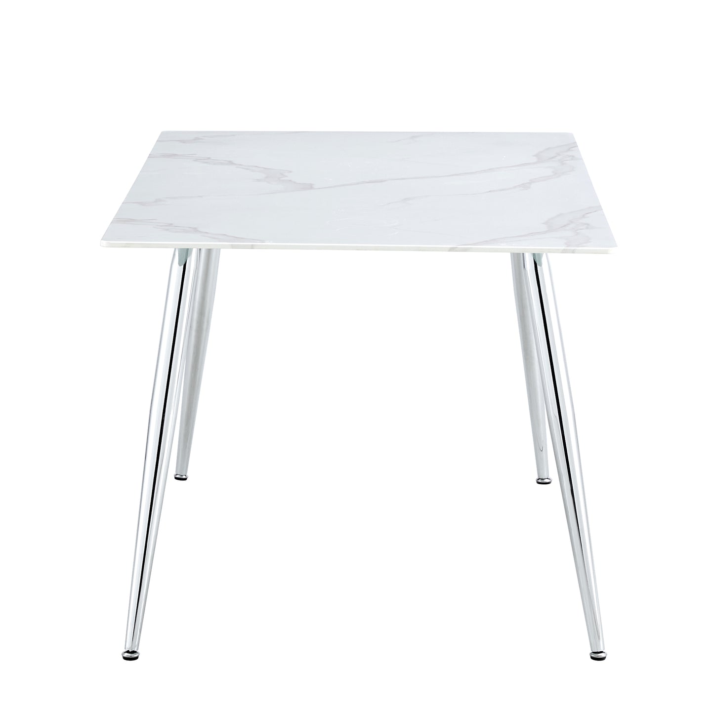 Melysen Modern Minimalist Rectangular Dining Table with 0.4 Inch White Imitation Marble Tabletop and Silver Metal Legs