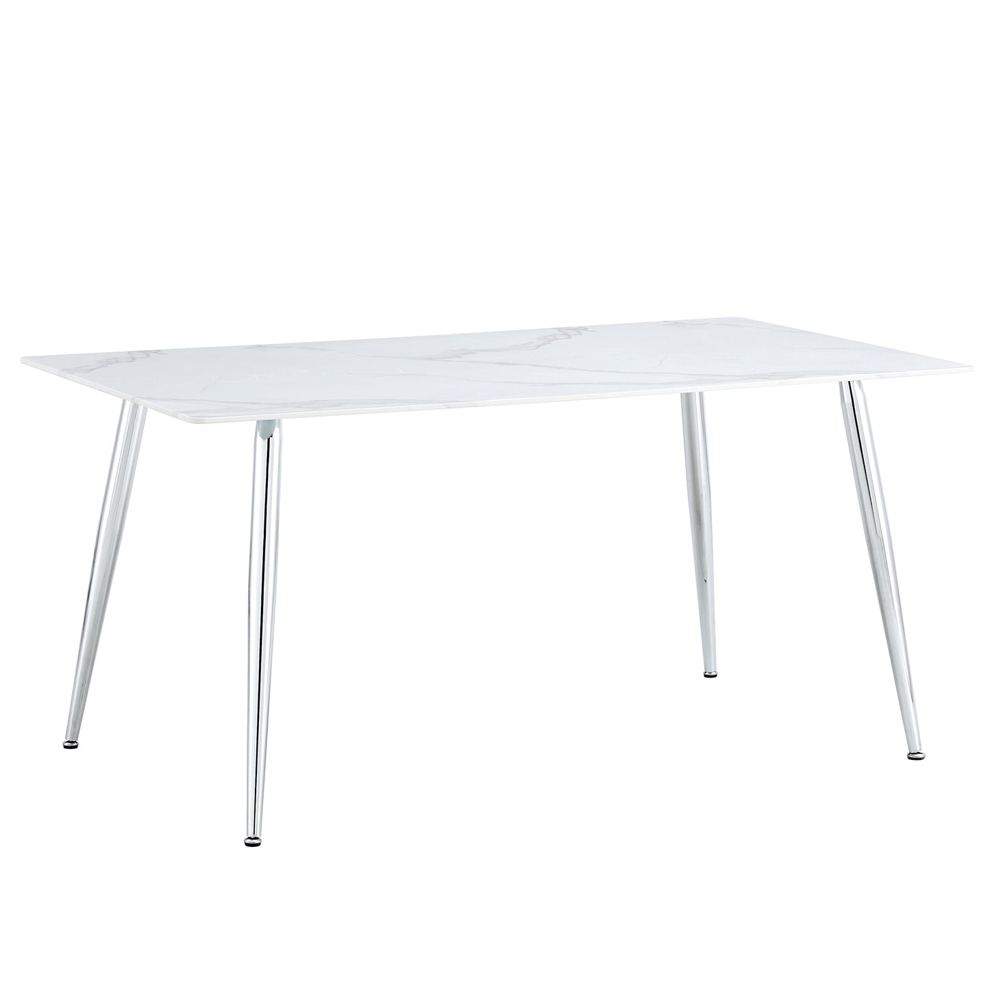 Melysen Modern Minimalist Rectangular Dining Table with 0.4 Inch White Imitation Marble Tabletop and Silver Metal Legs