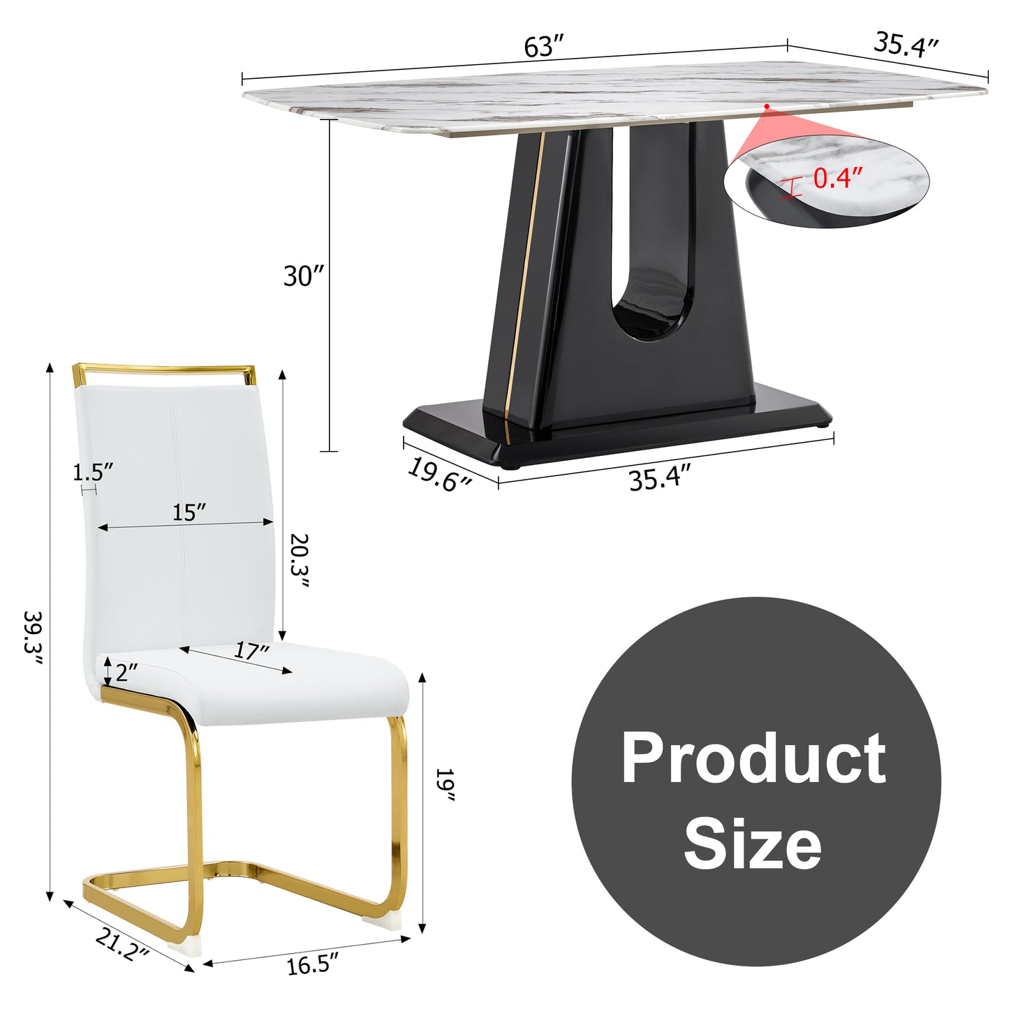 Melysen Luxurious White Imitation Marble Rectangular Dining Table and Desk with 4 White Pu Gold Plated Leg Chairs 63'' X 35.4'' X 30''