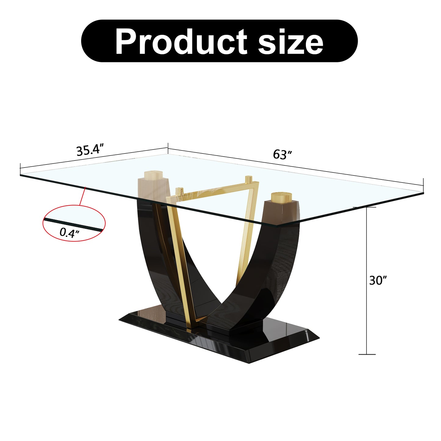 Melysen Modern Simple Rectangular Glass Table with Black Mdf Legs and Gold Stand, Equipped with 0.4 Inch Tempered Glass Table and Mdf Legs