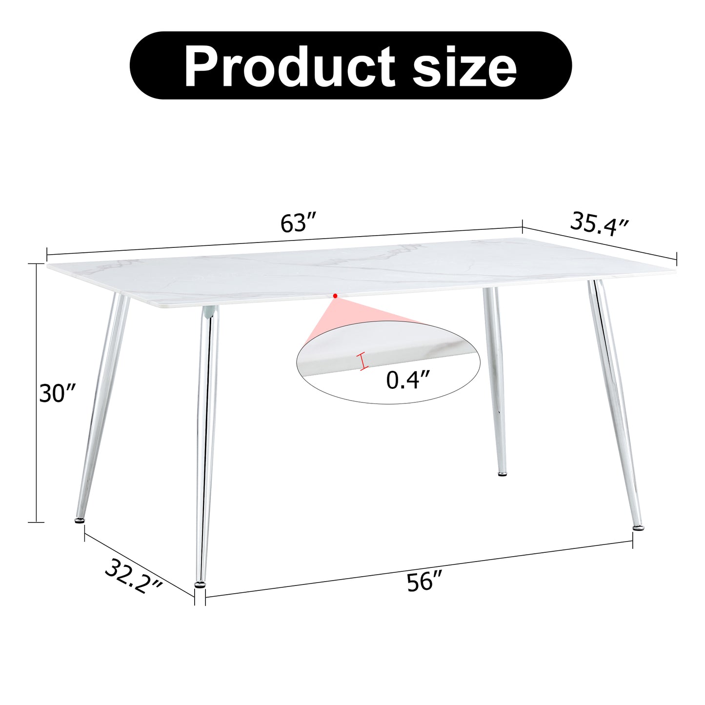 Melysen Modern Minimalist Rectangular Dining Table with 0.4 Inch White Imitation Marble Tabletop and Silver Metal Legs