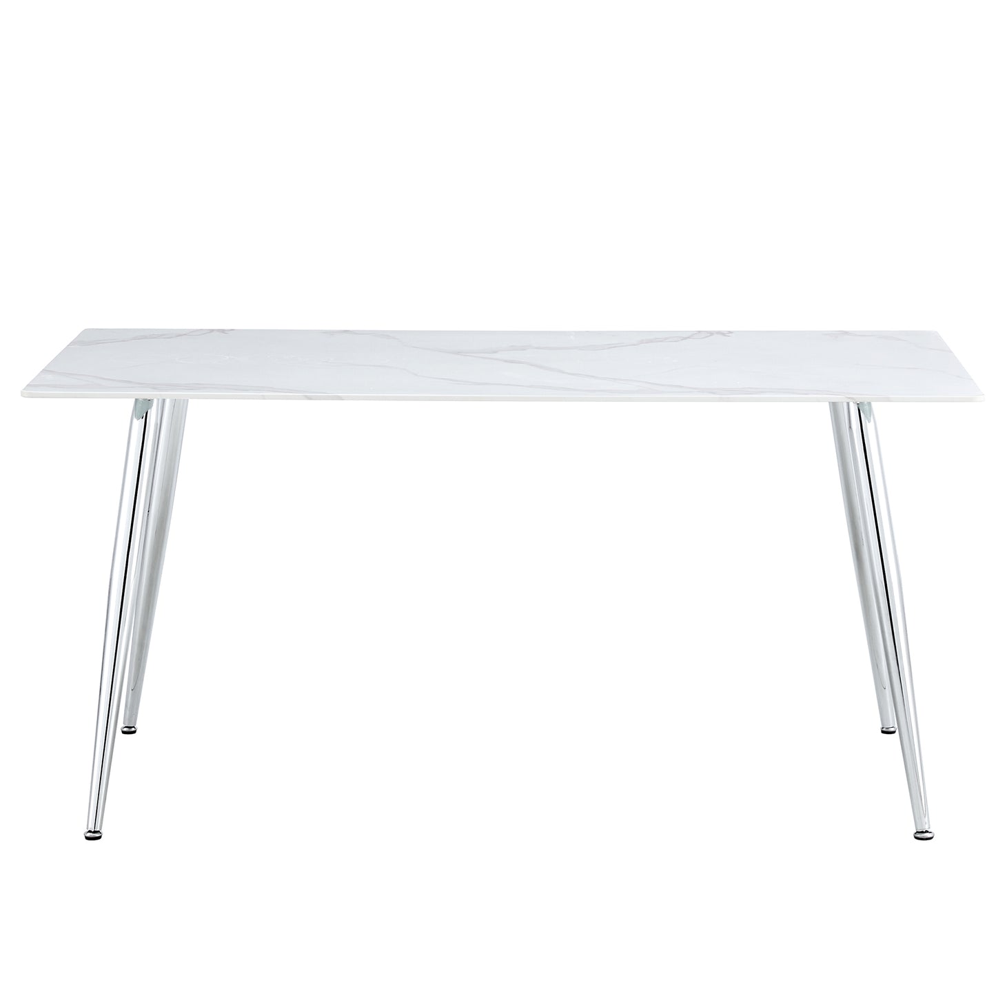 Melysen Modern Minimalist Rectangular Dining Table with 0.4 Inch White Imitation Marble Tabletop and Silver Metal Legs