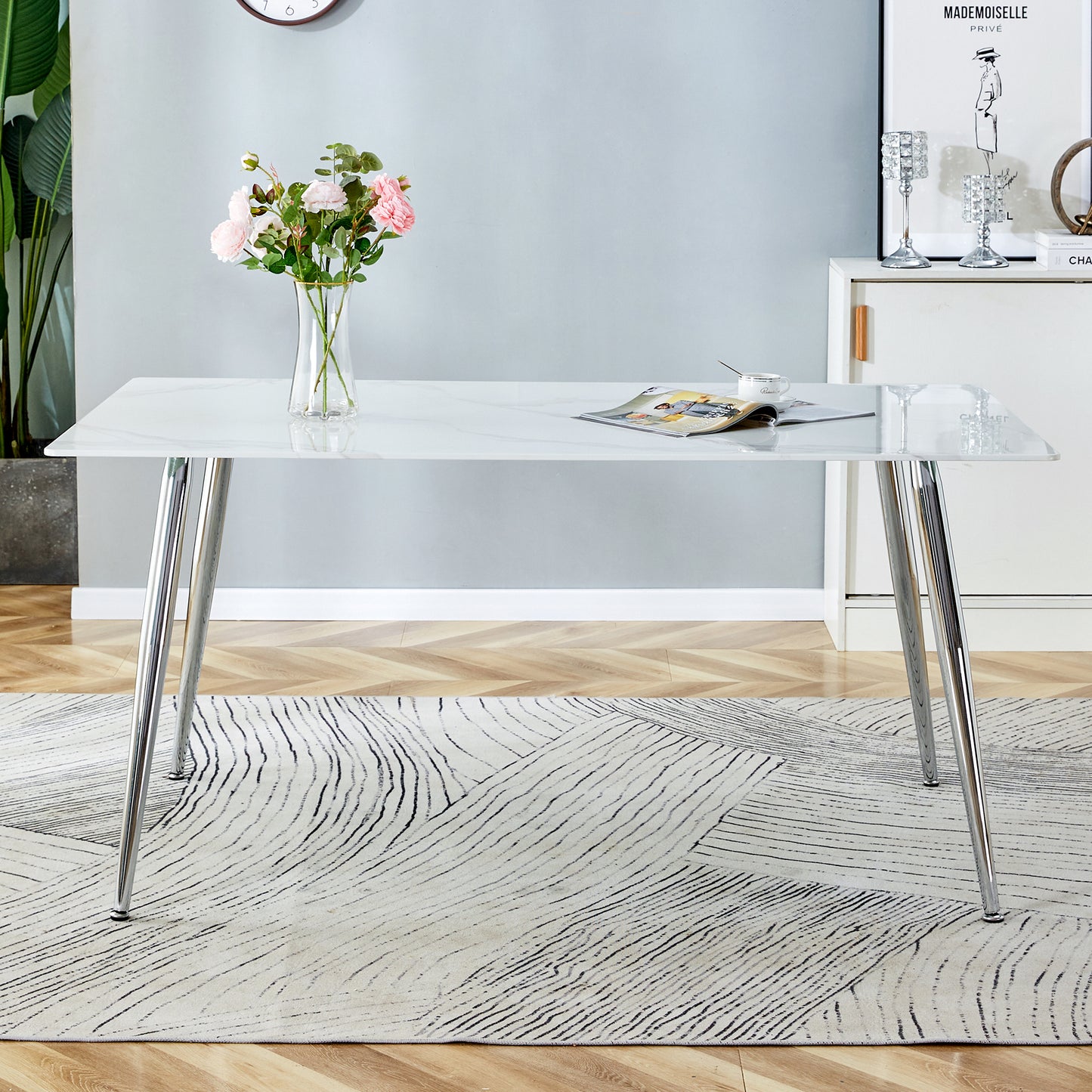 Melysen Modern Minimalist Rectangular Dining Table with 0.4 Inch White Imitation Marble Tabletop and Silver Metal Legs