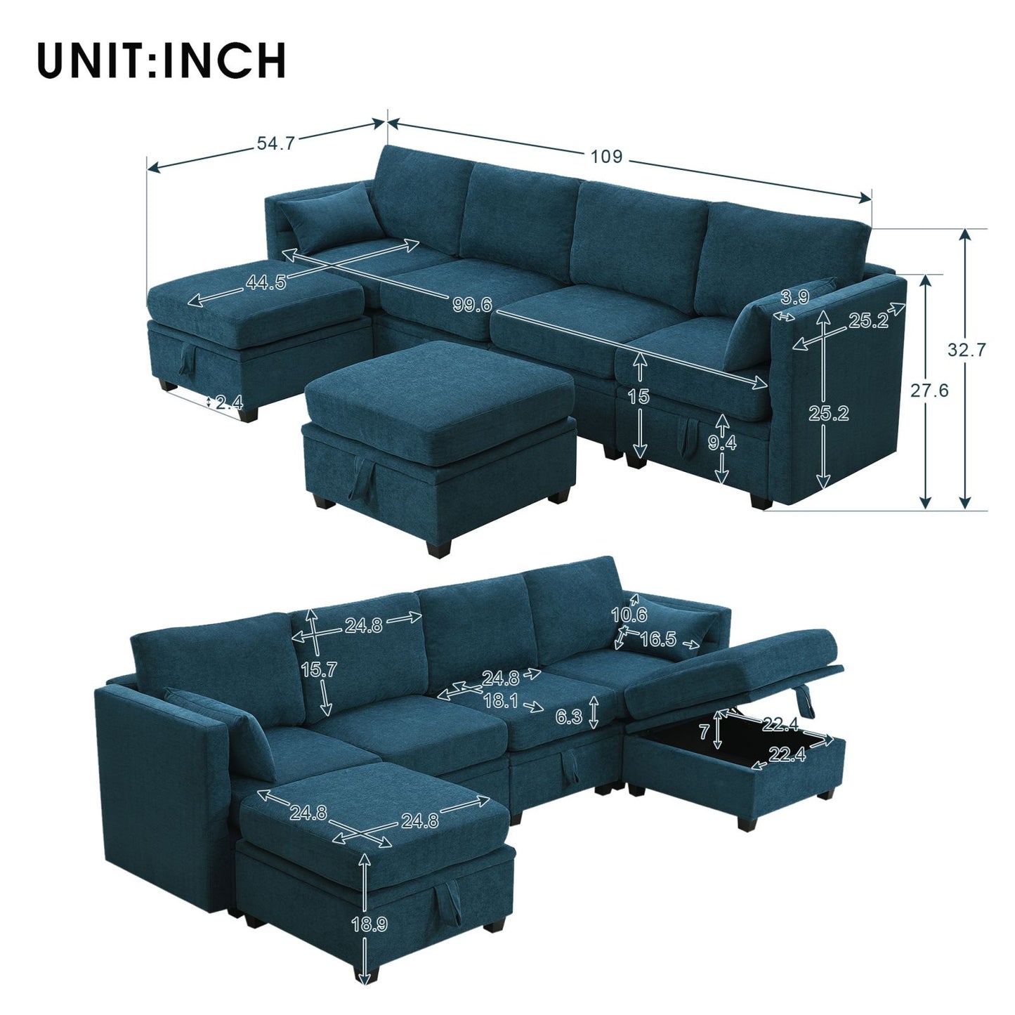 Melysen 109*54.7" Chenille Modular Sectional Sofa,U Shaped Couch with Adjustable Armrests and Backrests,6 Seat Reversible Sofa Bed with Storage Seats for Living Room, Apartment,2 Colors