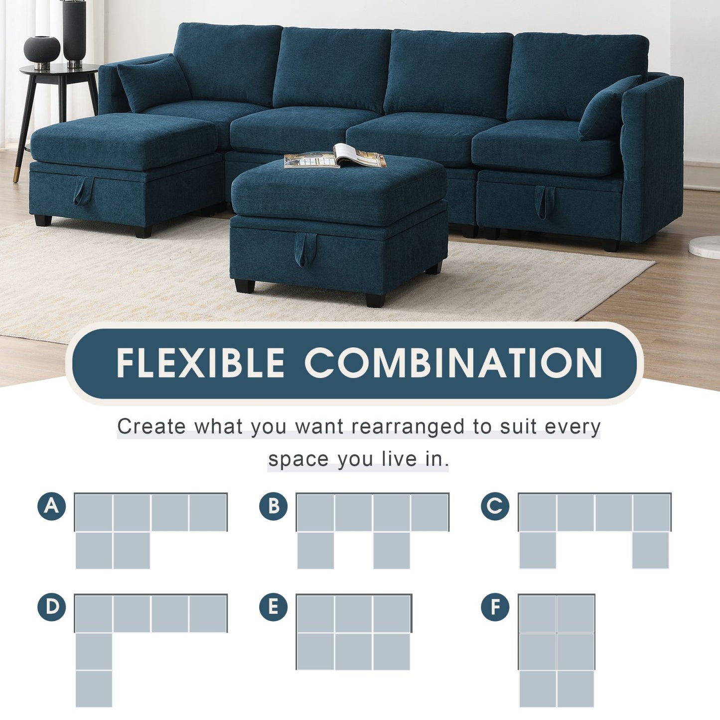 Melysen 109*54.7" Chenille Modular Sectional Sofa,U Shaped Couch with Adjustable Armrests and Backrests,6 Seat Reversible Sofa Bed with Storage Seats for Living Room, Apartment,2 Colors