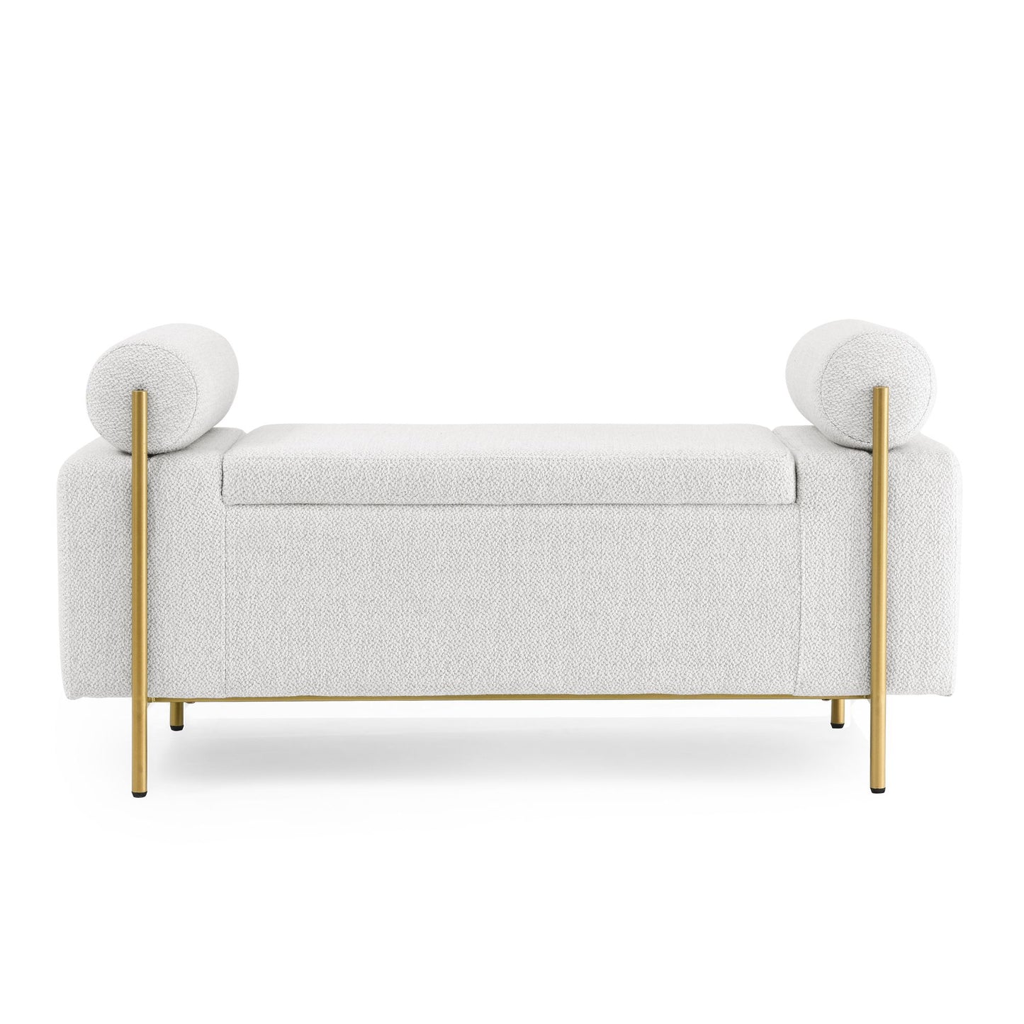 Melysen Elegant Upholstered Linen Storage Bench with Cylindrical Arms and Iron Legs for Hallway Living Room Bedroom