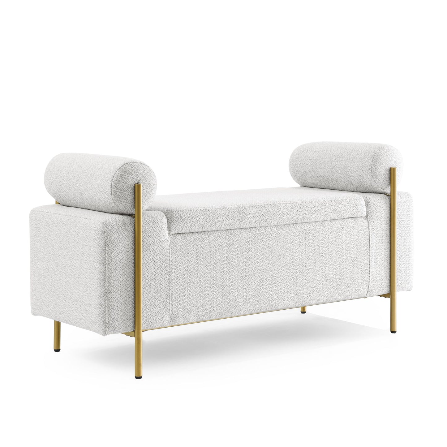 Melysen Elegant Upholstered Linen Storage Bench with Cylindrical Arms and Iron Legs for Hallway Living Room Bedroom