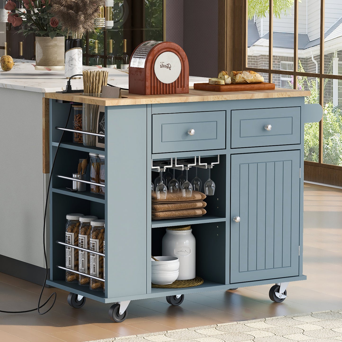 Melysen Kitchen Island with Power Outlet,Kitchen Storage Island with Drop Leaf and Rubber Wood,Open Storage and Wine Rack,5 Wheels,with Adjustable Storage for Home, Kitchen, and Dining Room, Grey Blue