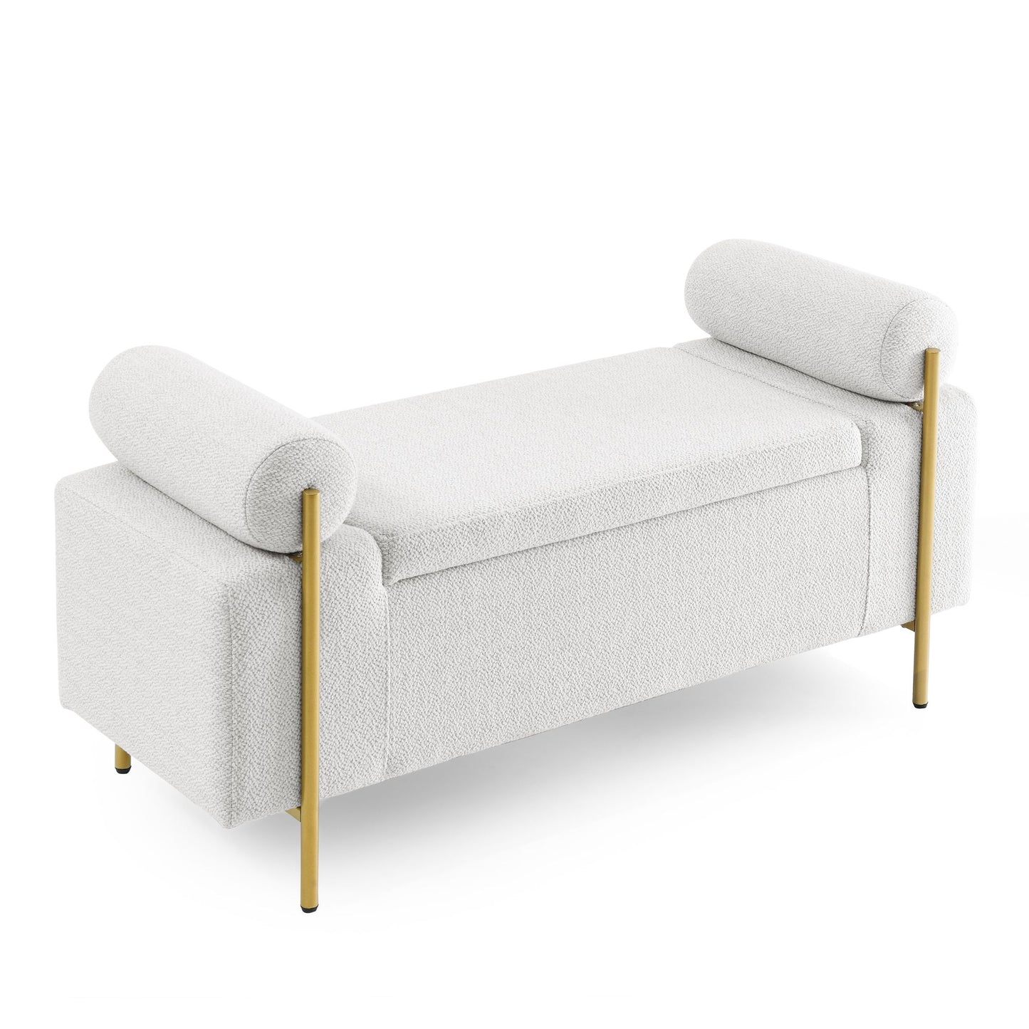 Melysen Elegant Upholstered Linen Storage Bench with Cylindrical Arms and Iron Legs for Hallway Living Room Bedroom