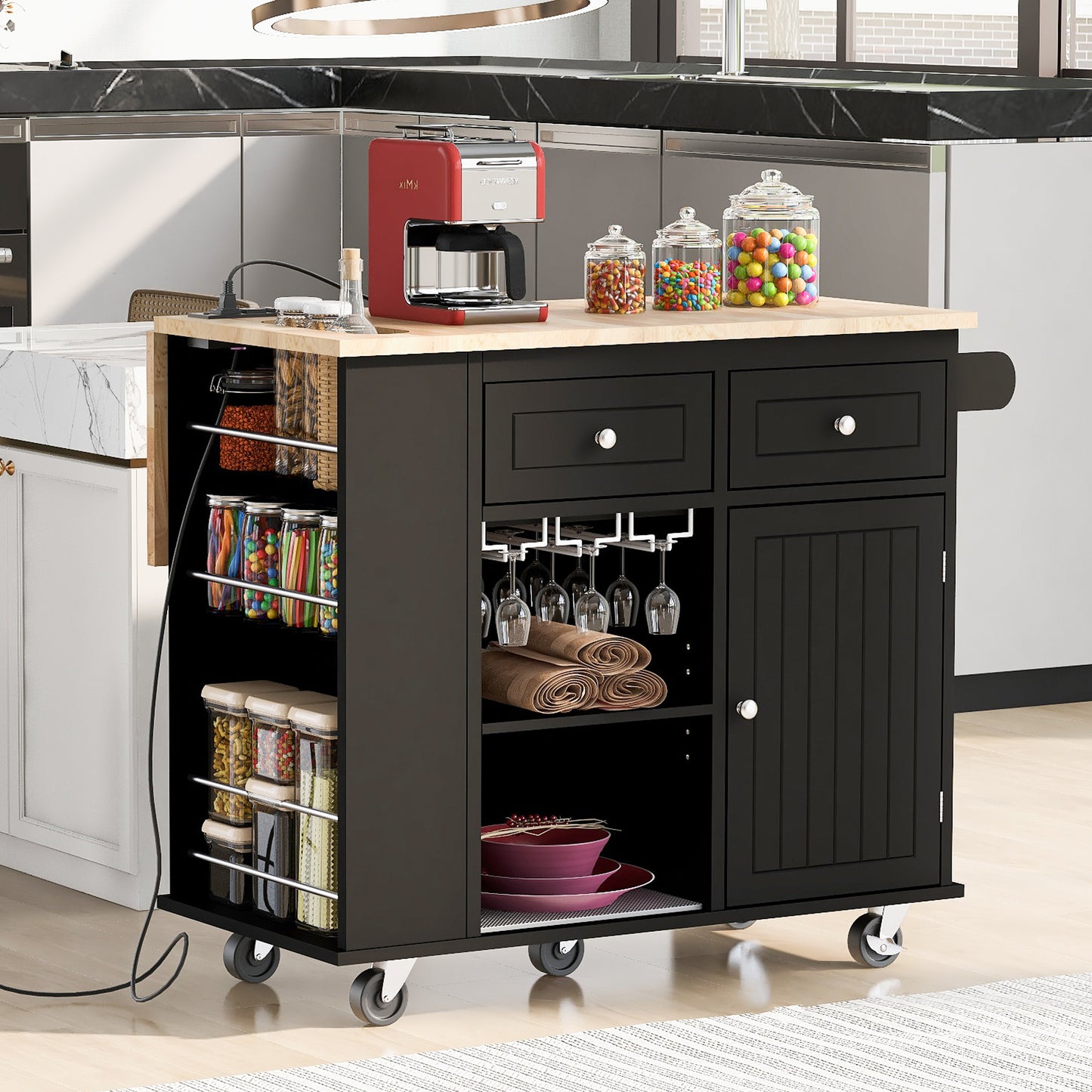 Melysen Kitchen Island with Power Outlet,Kitchen Storage Island with Drop Leaf and Rubber Wood,Open Storage and Wine Rack,5 Wheels,with Adjustable Storage for Home, Kitchen, and Dining Room, Black