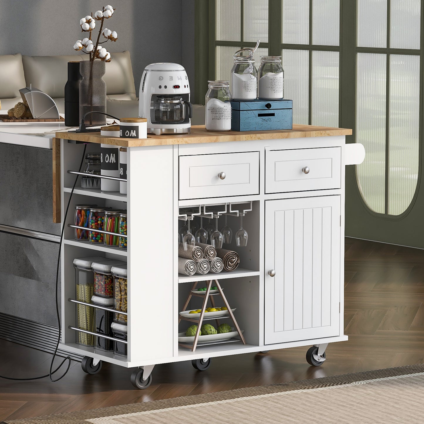 Melysen Kitchen Island with Power Outlet,Kitchen Storage Island with Drop Leaf and Rubber Wood,Open Storage and Wine Rack,5 Wheels,with Adjustable Storage for Home, Kitchen, and Dining Room,White