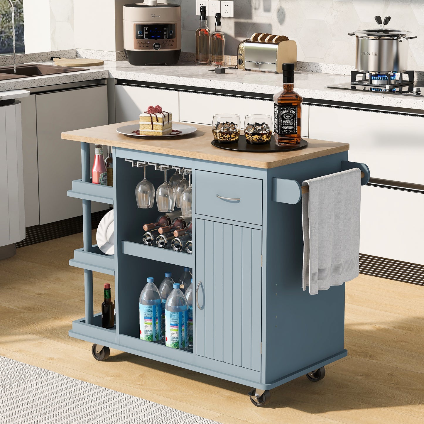 Melysen Multipurpose Kitchen Cart Cabinet with Side Storage Shelves,Rubber Wood Top, Adjustable Storage Shelves, 5 Wheels, Kitchen Storage Island with Wine Rack for Dining Room, Home,Bar,Grey Blue