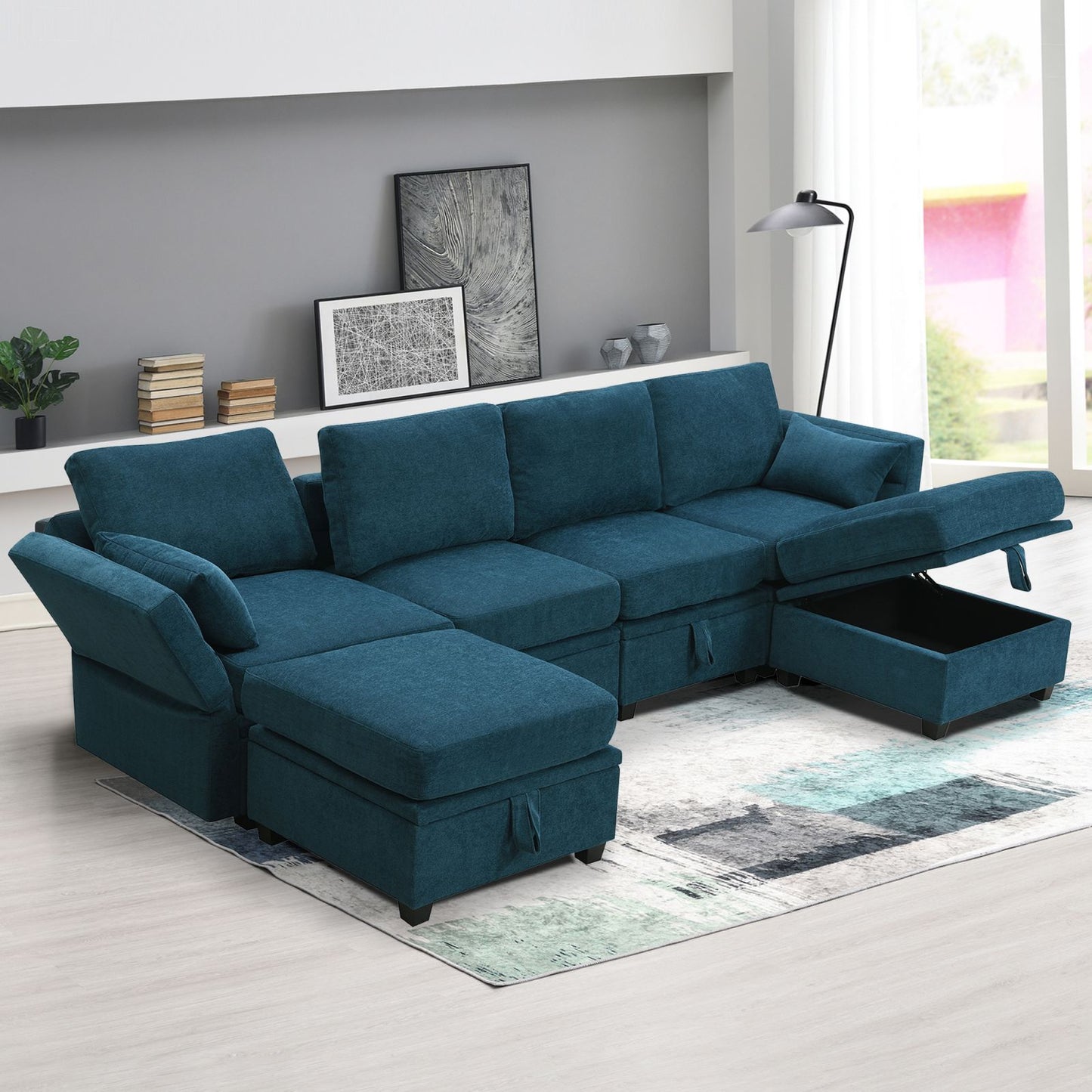 Melysen 109*54.7" Chenille Modular Sectional Sofa,U Shaped Couch with Adjustable Armrests and Backrests,6 Seat Reversible Sofa Bed with Storage Seats for Living Room, Apartment,2 Colors