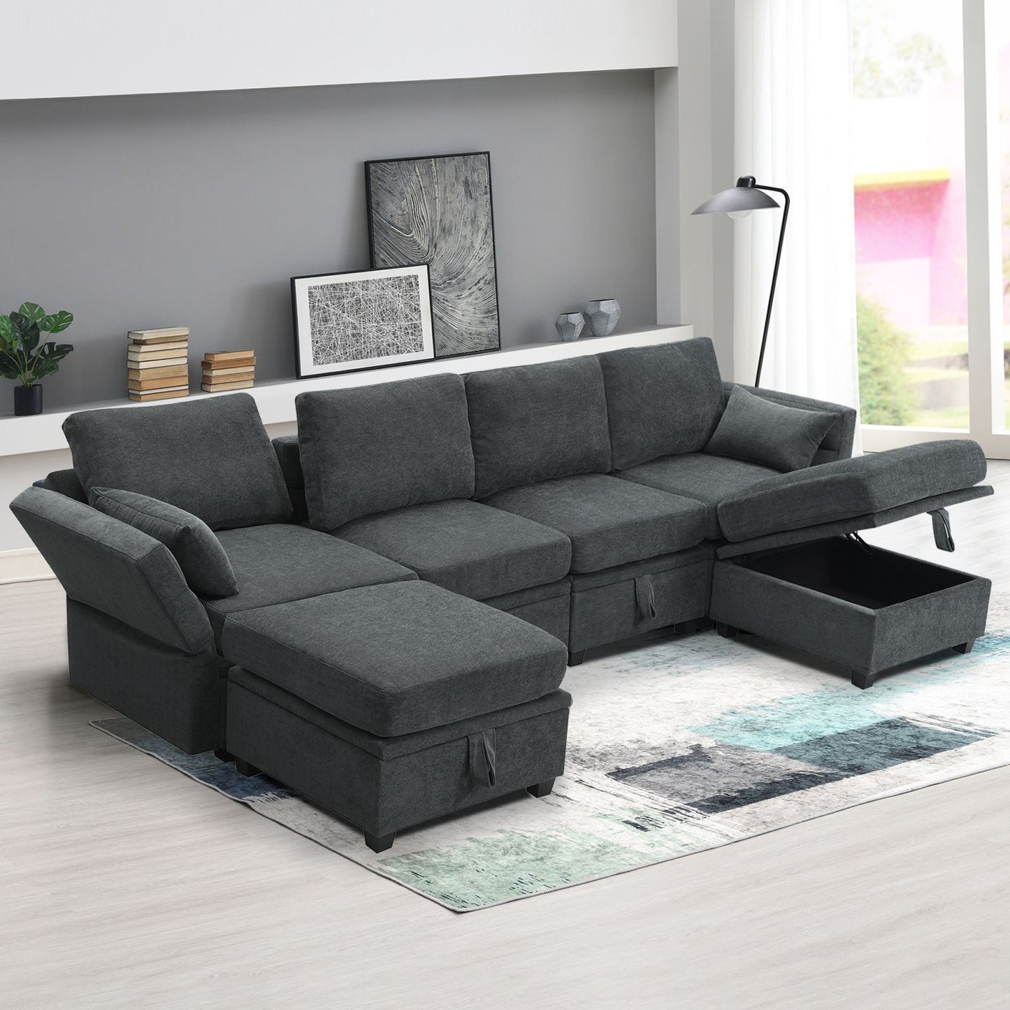 Melysen 109*54.7" Chenille Modular Sectional Sofa,U Shaped Couch with Adjustable Armrests and Backrests,6 Seat Reversible Sofa Bed with Storage Seats for Living Room, Apartment,2 Colors