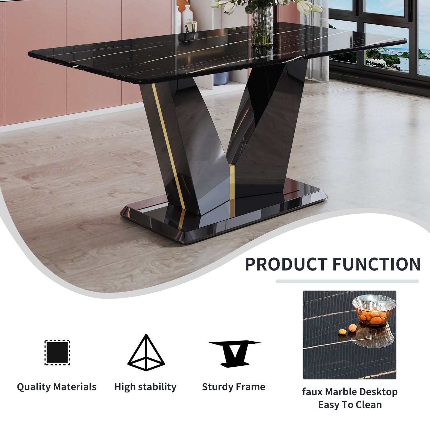 Melysen Modern Minimalist Rectangular Dining Table, 0.4 Inch Thick, with A Black Imitation Marble Pattern Desktop and Black Mdf Legs