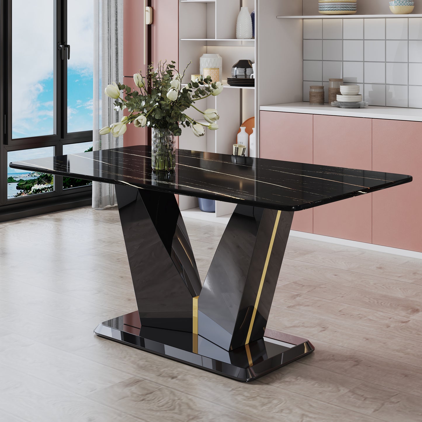 Melysen Modern Minimalist Rectangular Dining Table, 0.4 Inch Thick, with A Black Imitation Marble Pattern Desktop and Black Mdf Legs