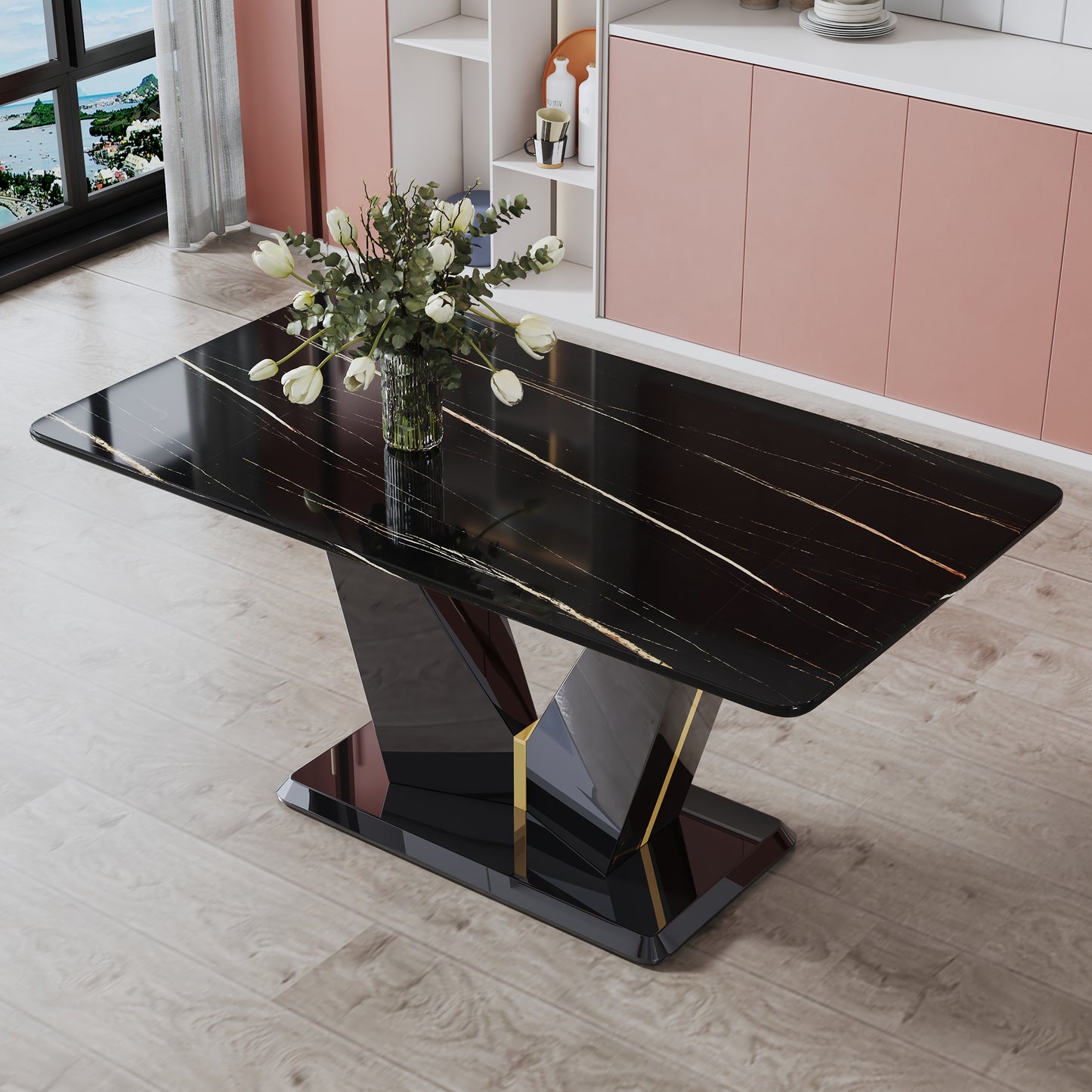 Melysen Modern Minimalist Rectangular Dining Table, 0.4 Inch Thick, with A Black Imitation Marble Pattern Desktop and Black Mdf Legs