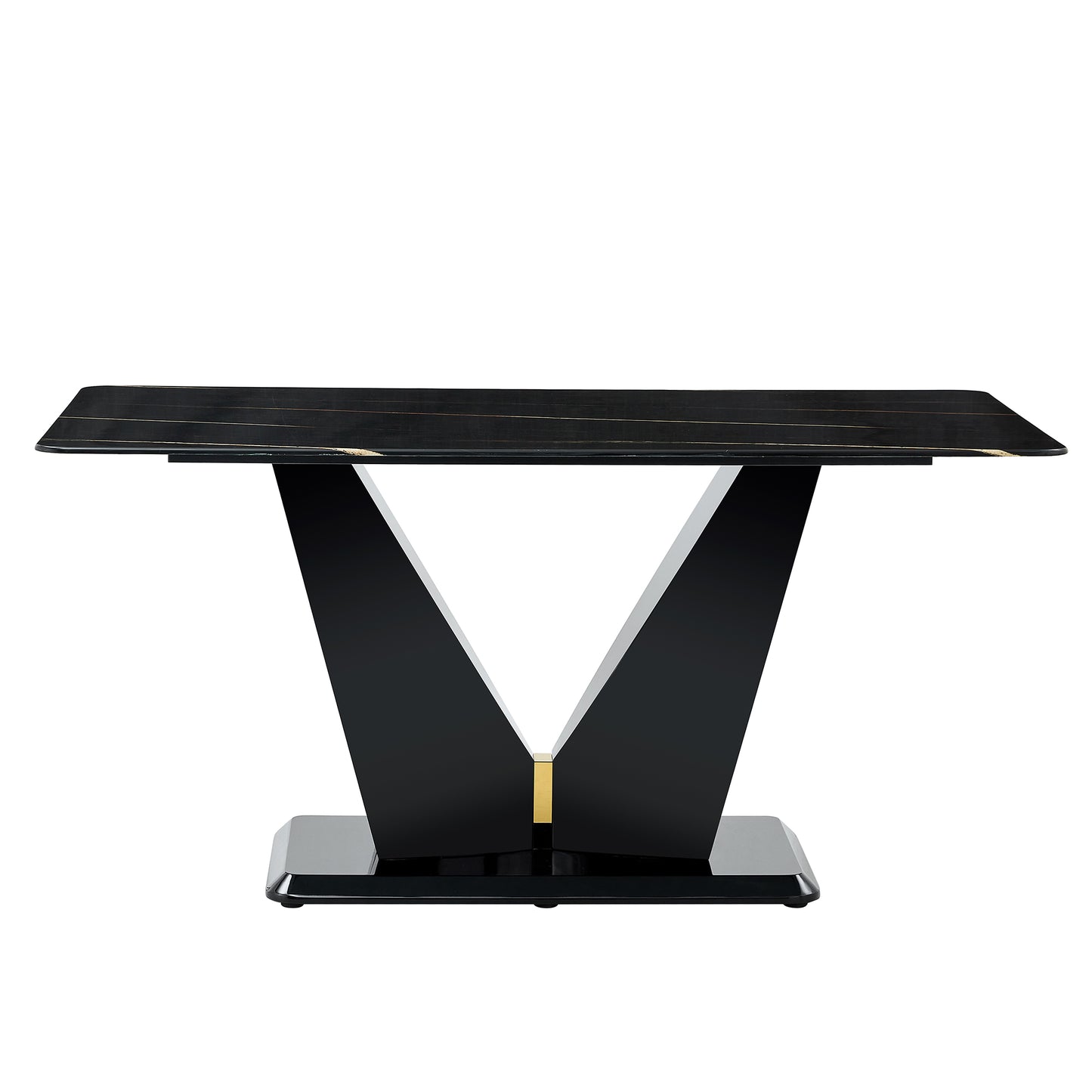 Melysen Modern Minimalist Rectangular Dining Table, 0.4 Inch Thick, with A Black Imitation Marble Pattern Desktop and Black Mdf Legs