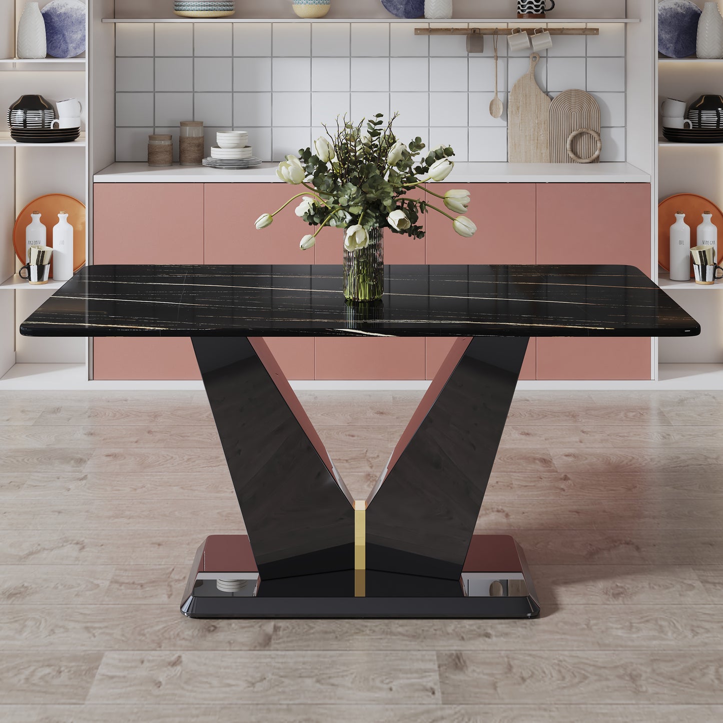 Melysen Modern Minimalist Rectangular Dining Table Black Mdf Legs