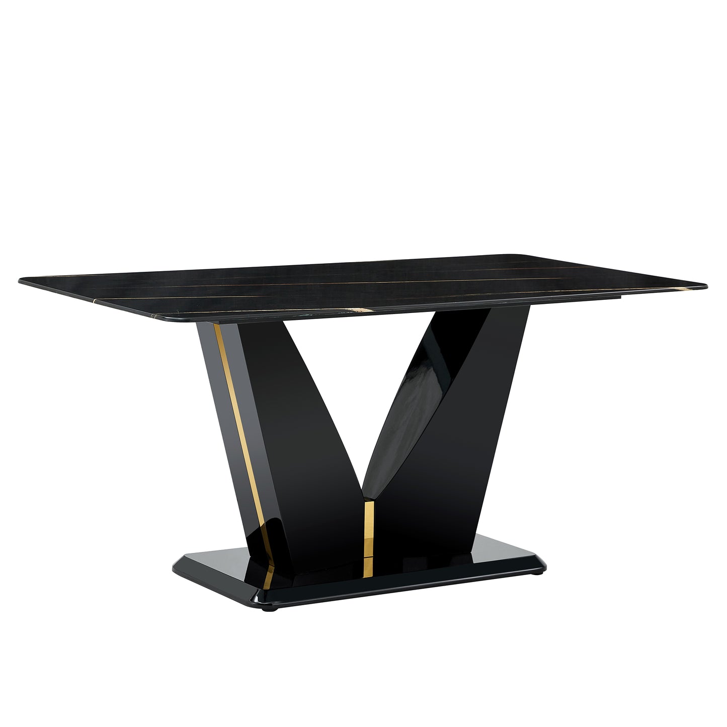 Melysen Modern Minimalist Rectangular Dining Table, 0.4 Inch Thick, with A Black Imitation Marble Pattern Desktop and Black Mdf Legs