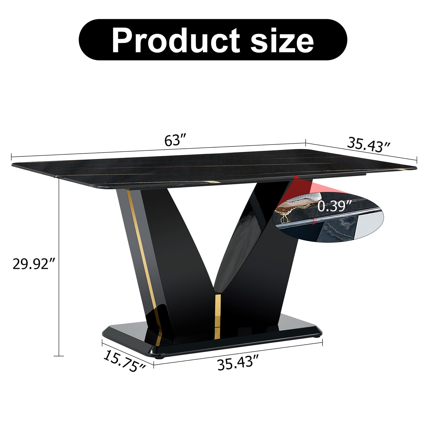 Melysen Modern Minimalist Rectangular Dining Table, 0.4 Inch Thick, with A Black Imitation Marble Pattern Desktop and Black Mdf Legs