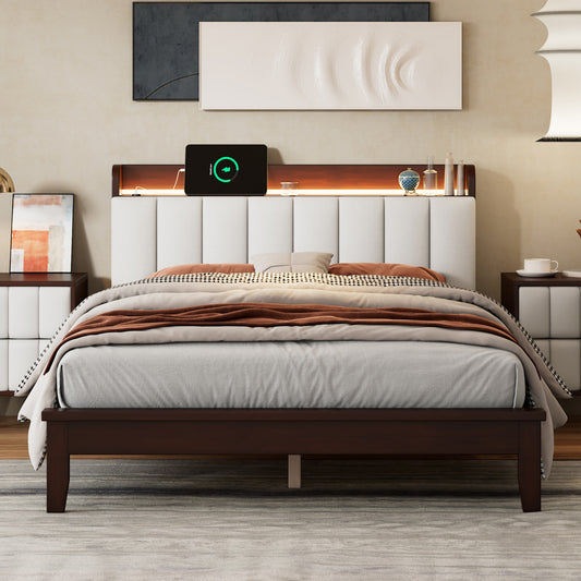 Melysen Full size Platform Bed with USB Charging Station and Storage Upholstered Headboard,LED Bed Frame,No Box Spring Needed,Walnut+Beige