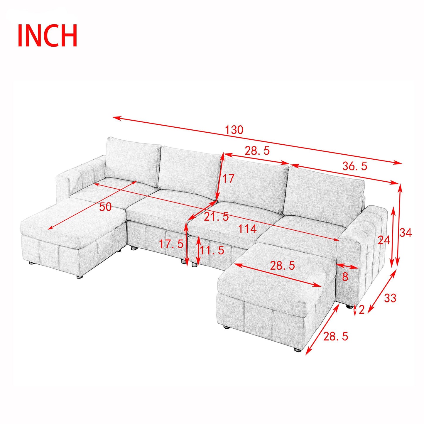 Melysen Upholstered Modular Sofa, U-Shaped Sectional Sofa for Living Room Apartment(4-Seater with 2 Ottoman)in