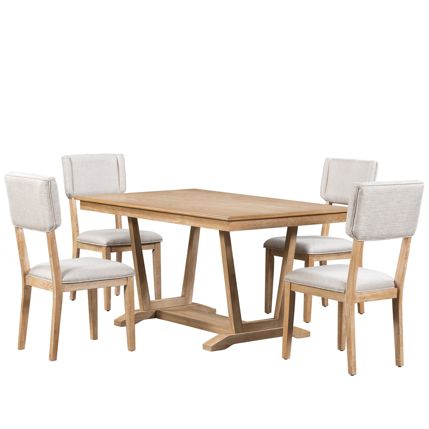 Melysen Rustic 5-piece Dining Table Set with 4 Upholstered Chairs, 59-inch Rectangular Dining Table with Trestle Table Base,Naural