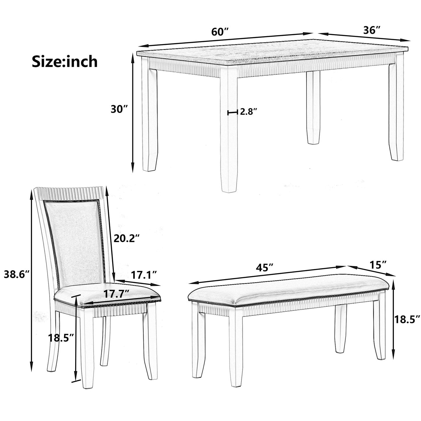 Melysen Rustic Solid Wood 6-piece Dining Table Set, PU Leather Upholstered Chairs and Bench,White