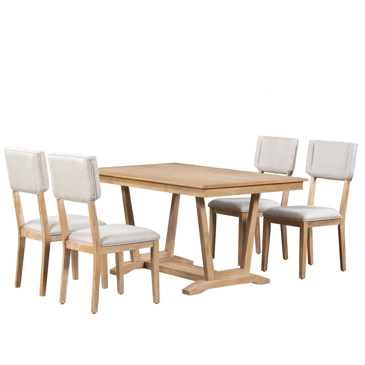 Melysen Rustic 5-piece Dining Table Set with 4 Upholstered Chairs, 59-inch Rectangular Dining Table with Trestle Table Base,Naural