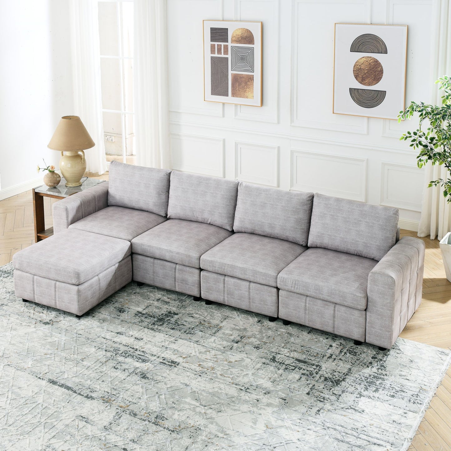 Melysen Upholstered Modular Sofa, L Shaped Sectional Sofa for Living Room Apartment(4-Seater with Ottoman)in