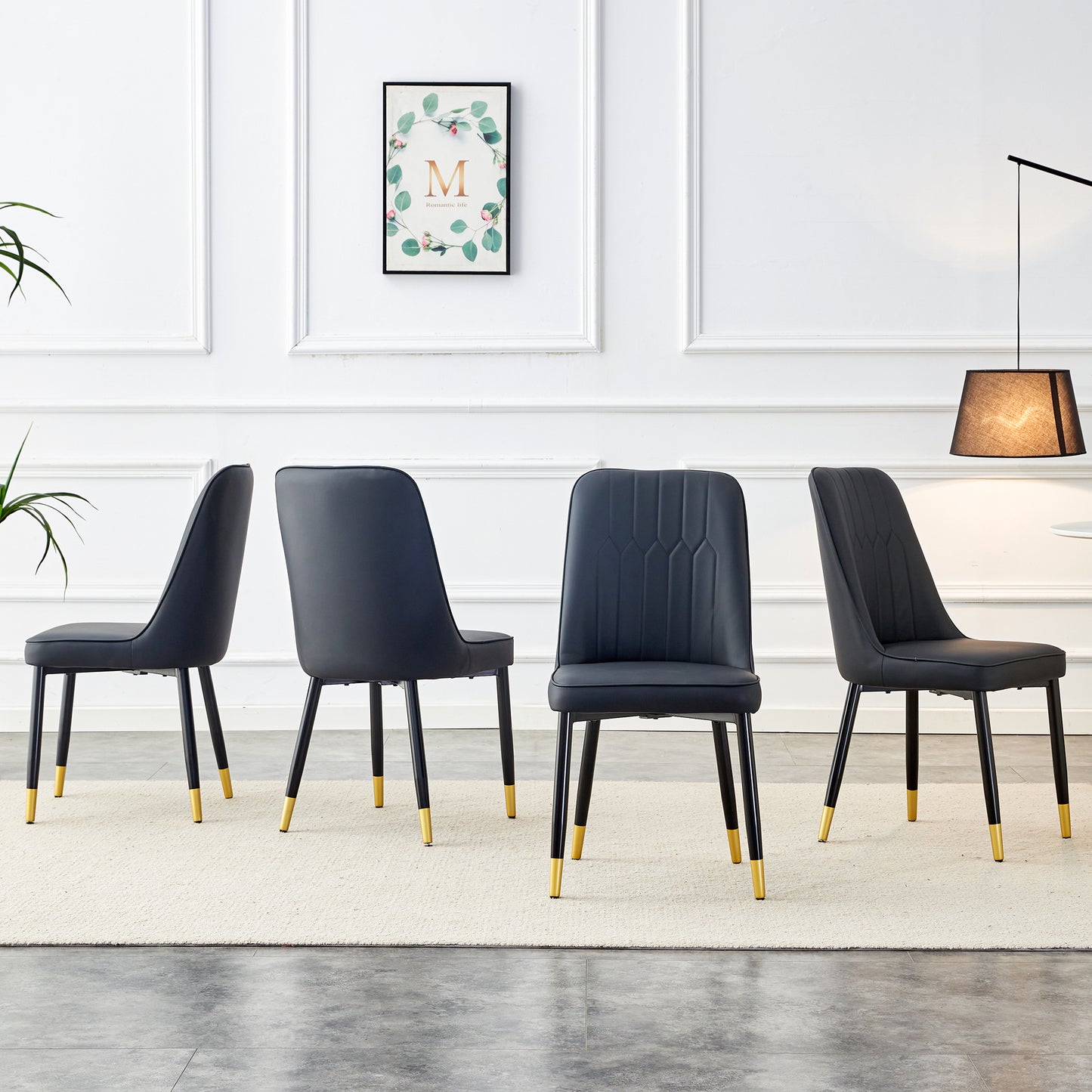 Melysen Black Imitation Marble Pattern Desktop and Black Gold Mdf Legs. Pair with 4 Black Pu Chairs