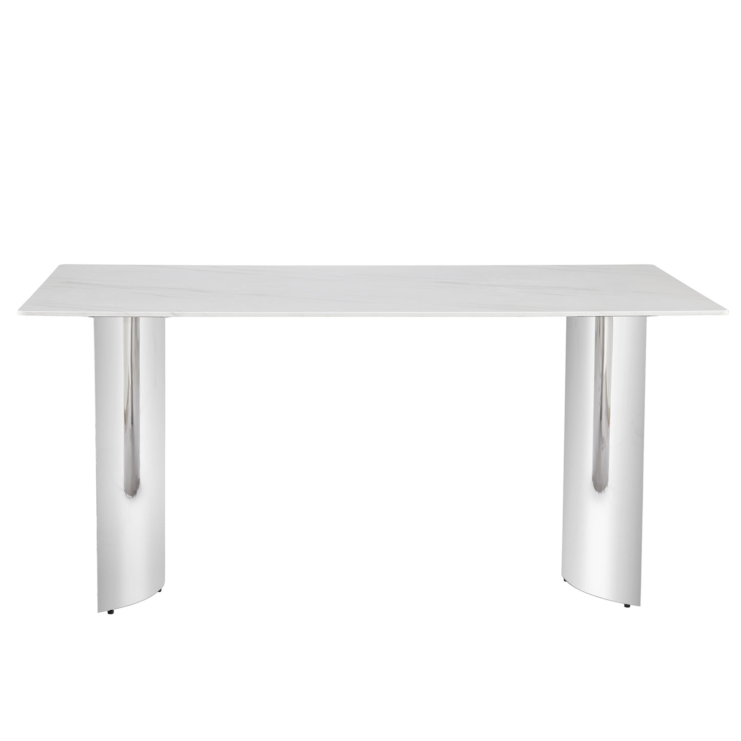 Melysen Modern Minimalist Dining Table. White Imitation Marble Glass Sticker Desktop, Stainless Steel Legs