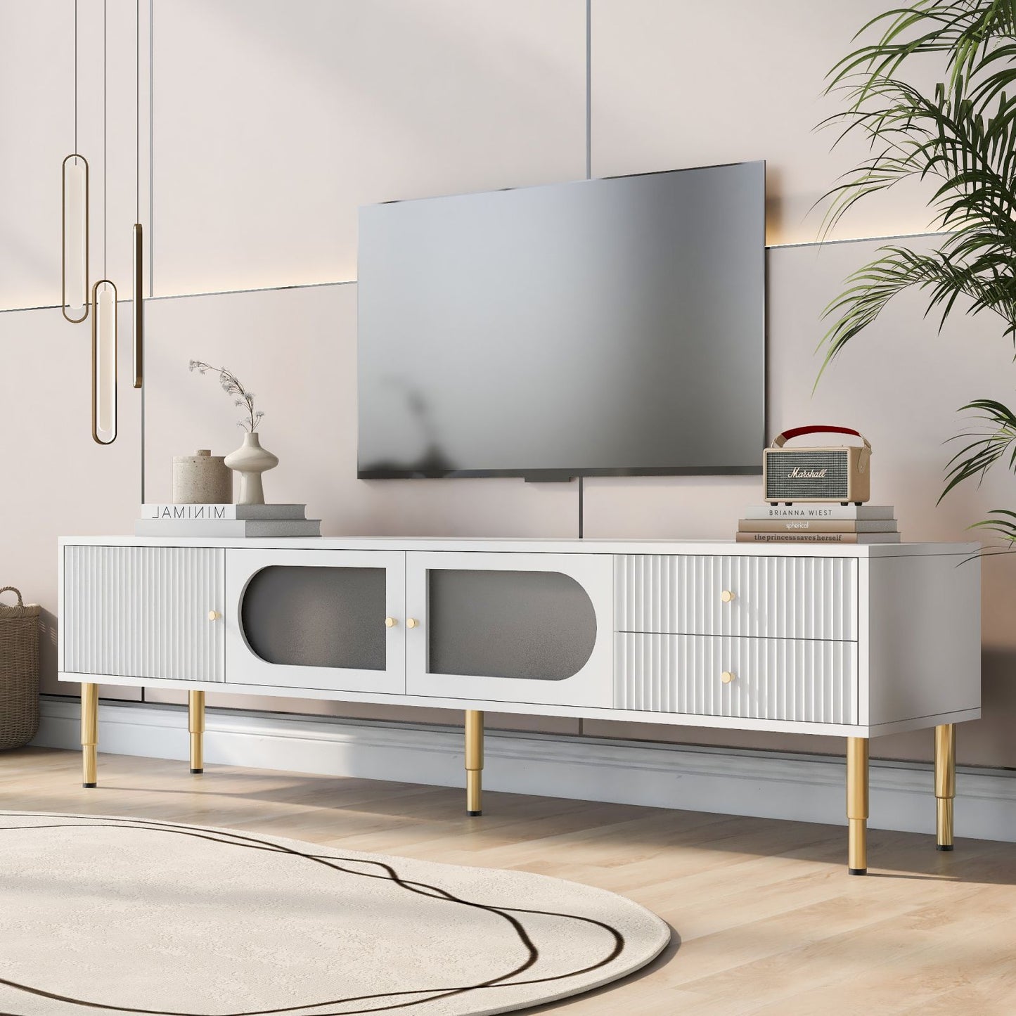 Melysen TV Stand for TVs up to 80", Entertainment Center with Multifunctional Storage Space, TV Cabinet with 2 Drawers, Media Console for Living Room, Bedroom,White