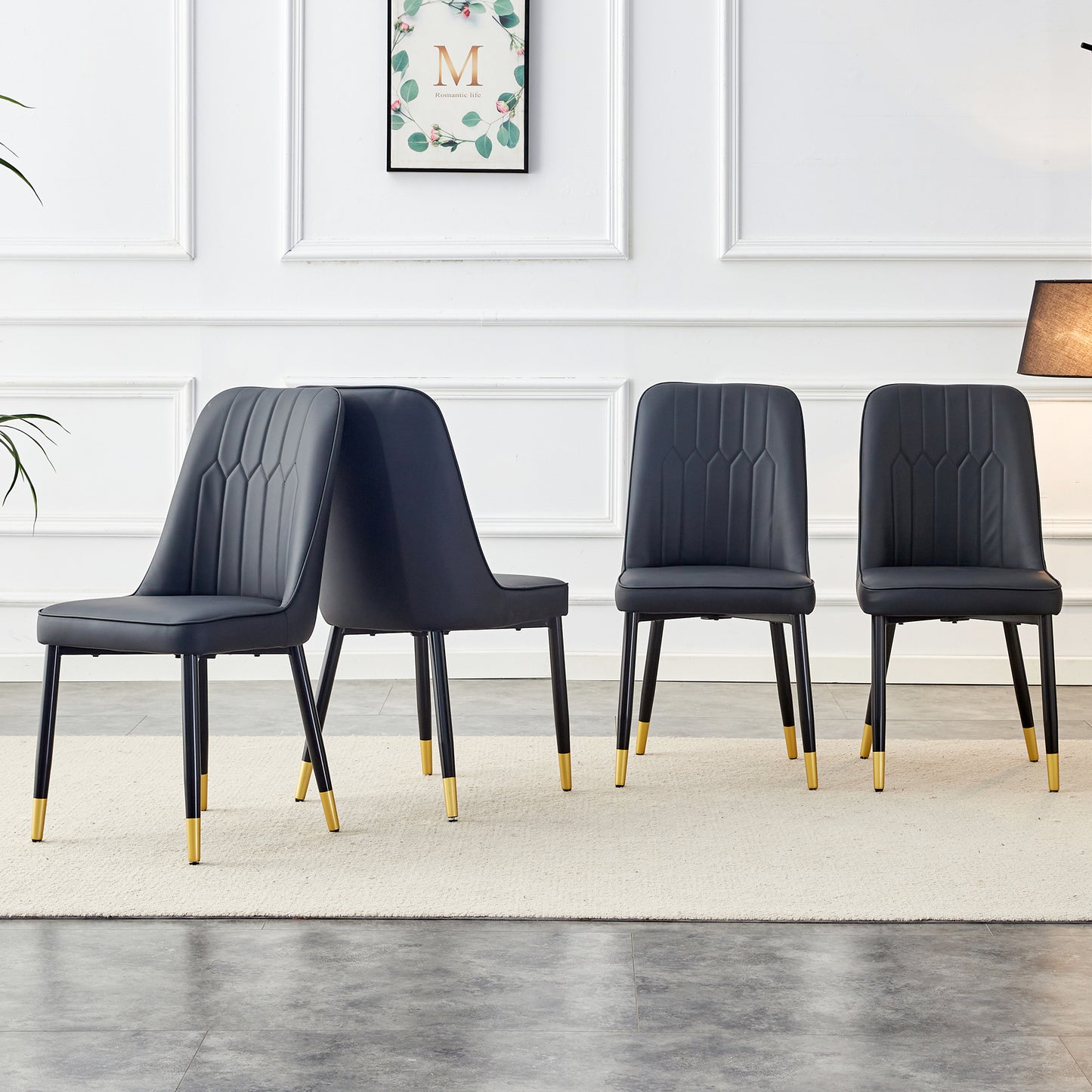 Melysen Black Imitation Marble Pattern Desktop and Black Gold Mdf Legs. Pair with 4 Black Pu Chairs