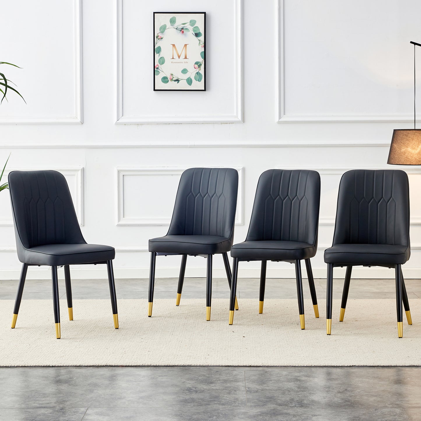 Melysen Black Imitation Marble Pattern Desktop and Black Gold Mdf Legs. Pair with 4 Black Pu Chairs