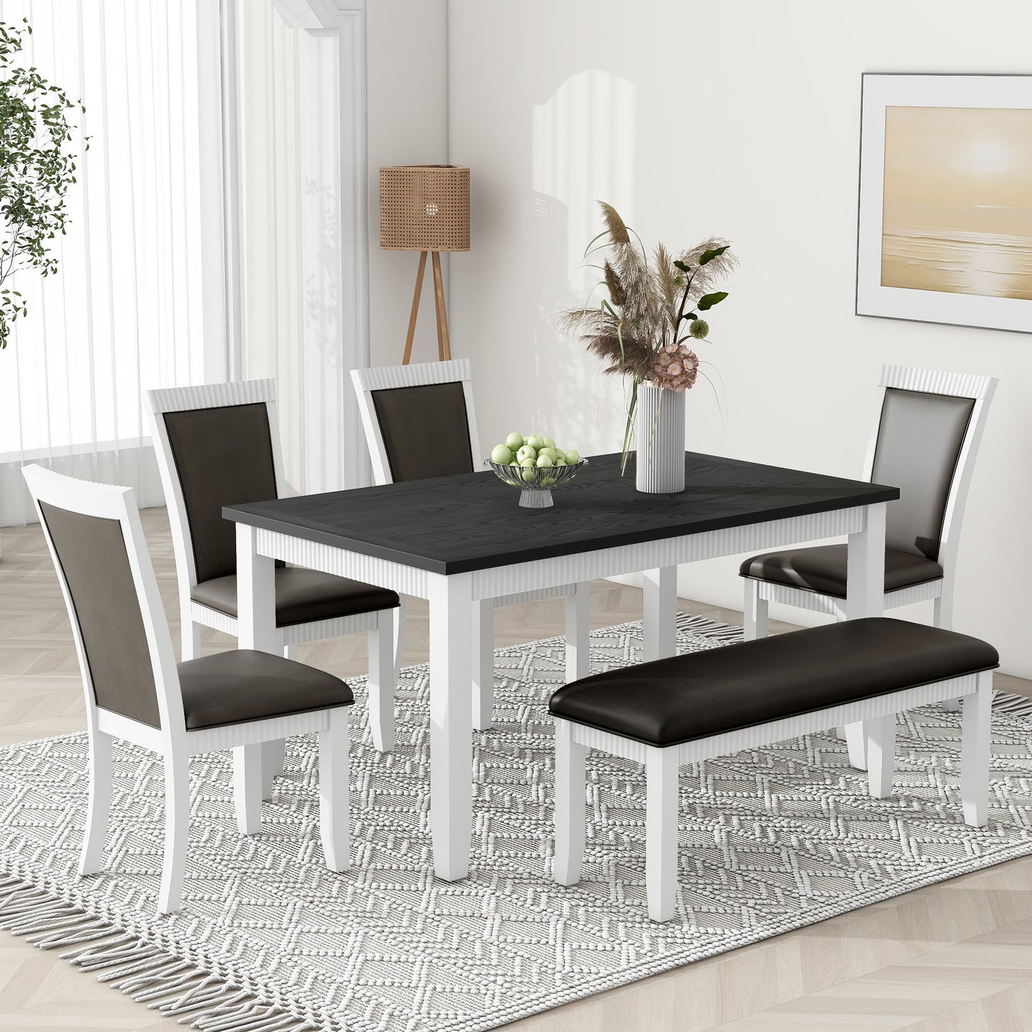 Melysen Rustic Solid Wood 6-piece Dining Table Set, PU Leather Upholstered Chairs and Bench,White