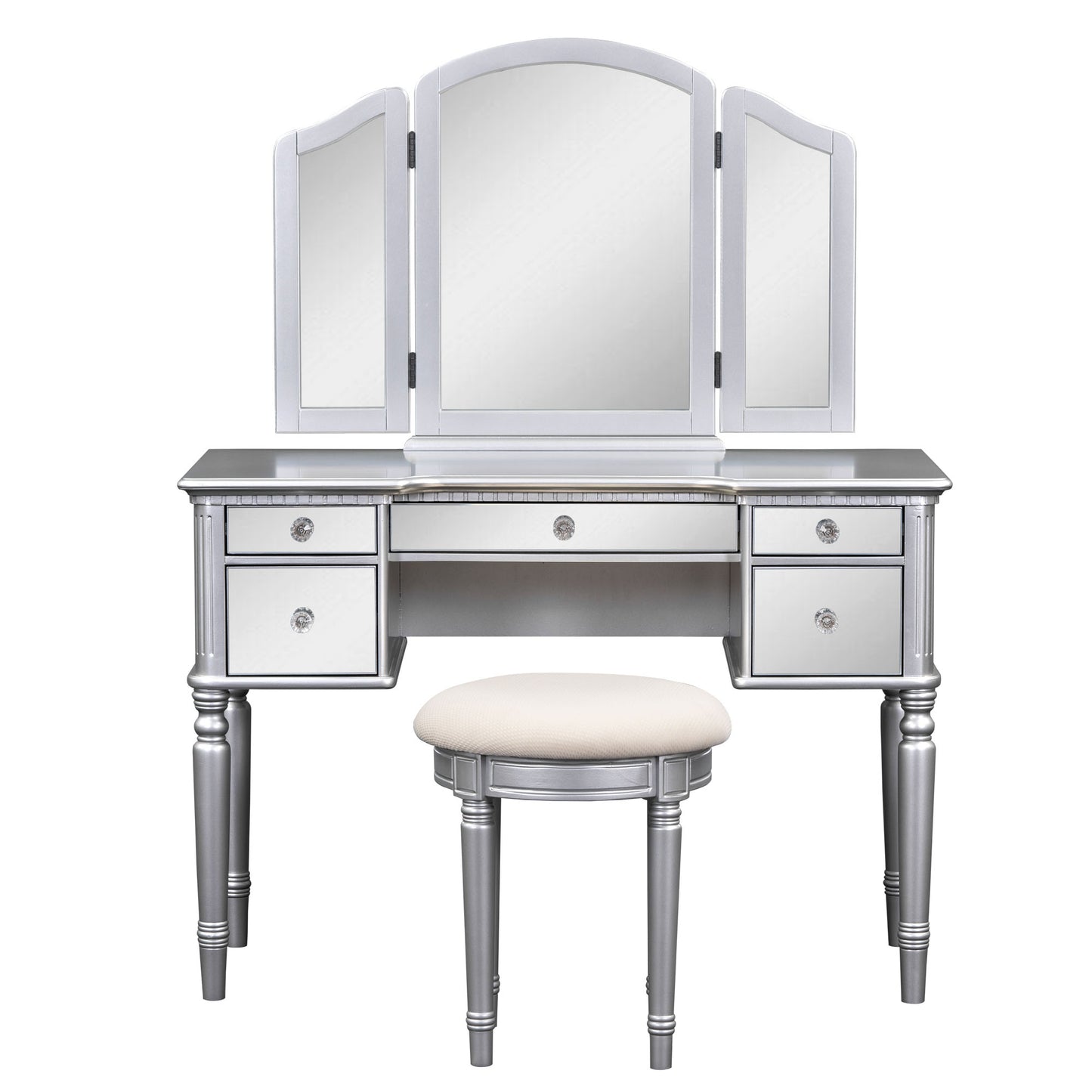 Melysen 43" Dressing Table Set with Mirrored Drawers and Stool, Tri-fold Mirror, Makeup Vanity Set for Bedroom, Silver