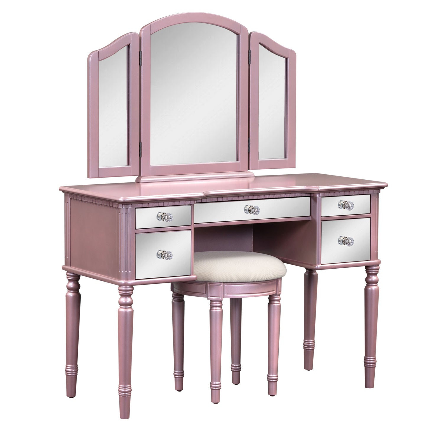 Melysen 43" Dressing Table Set with Mirrored Drawers and Stool, Tri-fold Mirror, Makeup Vanity Set for Bedroom, Rose Gold