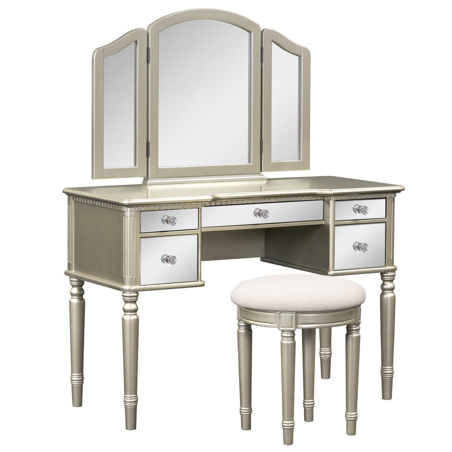 Melysen 43" Dressing Table Set with Mirrored Drawers and Stool, Tri-fold Mirror, Makeup Vanity Set for Bedroom, Gold