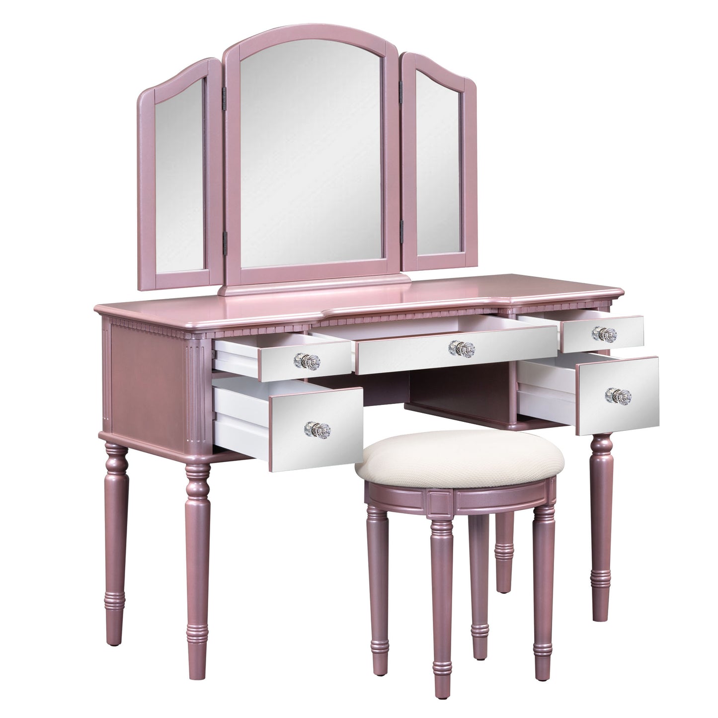 Melysen 43" Dressing Table Set with Mirrored Drawers and Stool, Tri-fold Mirror, Makeup Vanity Set for Bedroom, Rose Gold