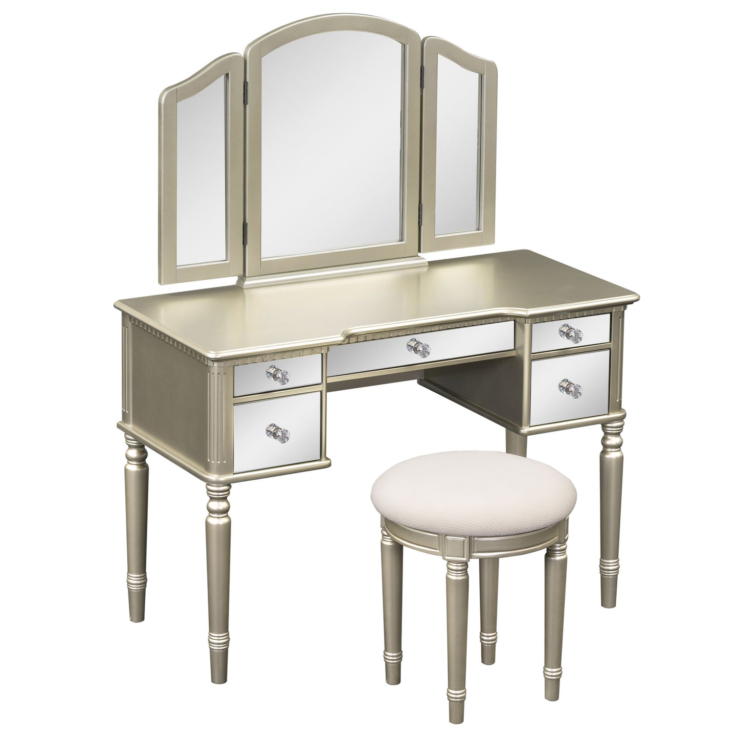 Melysen 43" Dressing Table Set with Mirrored Drawers and Stool, Tri-fold Mirror, Makeup Vanity Set for Bedroom, Gold